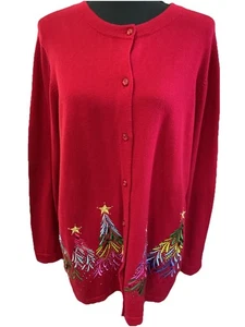 Quacker Factory XL Sequin Dazzling Christmas Tree Cardigan Red Holiday Sweater - Picture 1 of 11