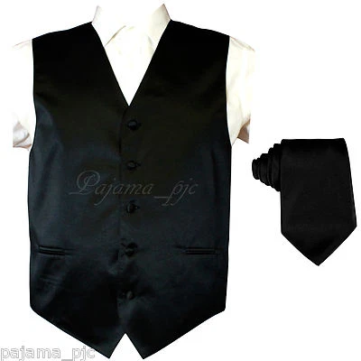 Black XS - 6XL Solid Vest Waistcoat and Neck Tie Suit or Tuxedo Formal Prom - Image 1 of 4