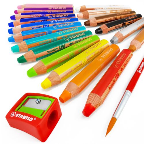 STABILO - Crayons aquarelle Woody 3 en 1 - 18 Jumbo faciles à saisir avec aiguiseur