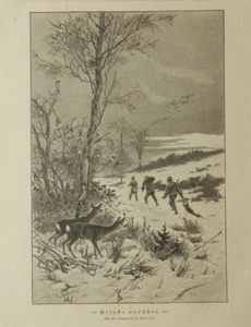 Gefahr vorüber Jäger mit Beute Winter Rehe original Holzstich von 1890 - Picture 1 of 2