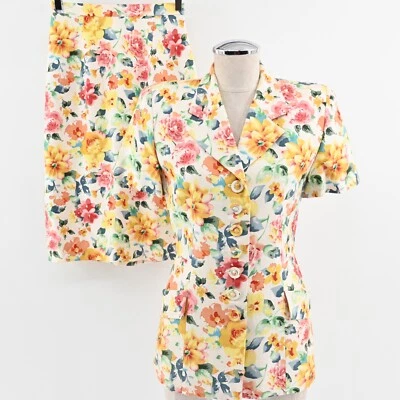 Vtg CHRISTIAN DIOR Womens Floral Skirt Suit Sz 2 Silk Short Sleeve Retro USA 80s - Image 1 of 4