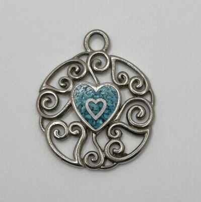 Signed Trifari Heart Turquoise Inlay Silver Tone Pendant 1 3/4” - Image 1 of 4