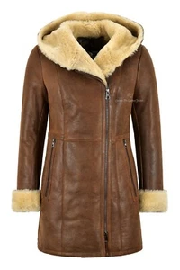 Ladies Sheepskin Jacket Copper Vintage Real Shearling Hooded B3 Long Jacket NV39 - Picture 1 of 8