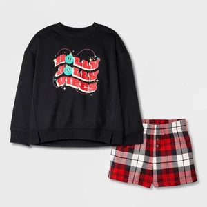 NWT Girls' Christmas 2pc 'Holly Vibes' Long Sleeve Sweatshirt Boxer Pajama Set - Picture 1 of 1