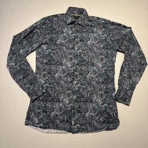 Duchamp Shirt Mens Large 15" Blue Floral Long Sleeve 38cm 100% Cotton - Picture 1 of 12