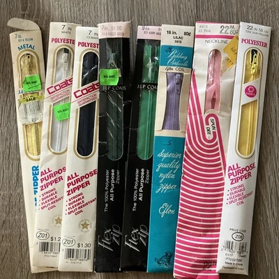 "Lote de 8 cremalleras surtidas de poliéster y metal 7-22"" nuevo stock antiguo varios colores" Foto 1 de 4