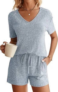 New Size L Blue Women's Pajama Set Ribbed Knit Sleepwear Set Top&Shorts FastShip - Picture 1 of 5