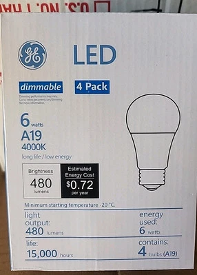 GE LED 6 watts A19 4000K long life 480 lumens/4 pack bulbs/Dimmable - Image 1 of 2