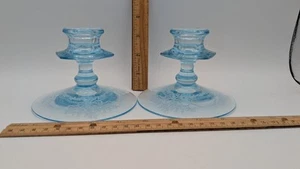 Two Etched Vintage Fostoria June Blue/Azure Candlestick Candle Holders 3.25" - Picture 1 of 17