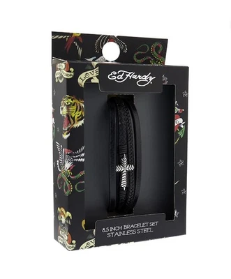 Raro Juego de Pulsera Ed Hardy Cross Acero Inoxidable 8.5" - Banda de Cuero Negro Foto 1 de 4