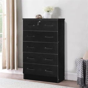 Better Home Products Cindy 5 Drawer Chest Wooden Dresser with Lock in Black - Picture 1 of 14