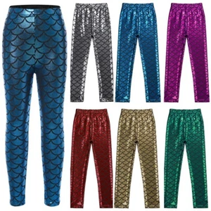 Kids Girls Shiny Metallic Fish Scale Print Pants Tights Dance Trousers Bottoms - Picture 1 of 95