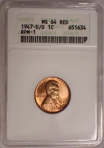 1947-D/D Lincoln Cent ANACS MS64 RD Red Gen 6 Soapbar Old White Holder SWH - Picture 1 of 5
