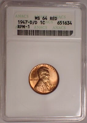 1947-D/D Lincoln Cent ANACS MS64 RD Red Gen 6 Soapbar Old White Holder SWH - Image 1 of 4