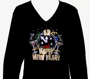 Più 1X 2X o 3X Strass BUON ANNO Orologio Champagne Streamers Nero Top - Foto 1 di 8