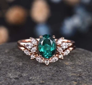 Oval Cut Simulated Green Emerald Bridal Set Wedding Ring In 14k Rose Gold Plated - Picture 1 of 5