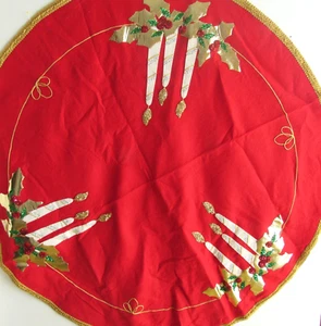 Vintage roter Filz Weihnachtsbaum Rock rund mit Kerze goldene Blätter Pailletten geflochten - Bild 1 von 7