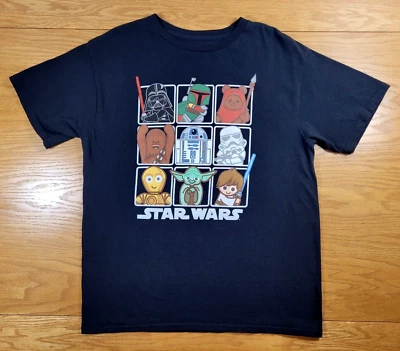 Star Wars T-Shirt Youth Large Black White Darth Vader Boba Fett Ewok Yoda R2-D2 - Image 1 of 4
