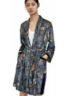 ZARA Blue Grey Floral Velvet Jacquard Kimono Duster Belted Jacket Size L