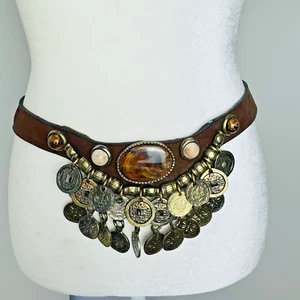 Vtg Leatherock Large Gold Coins Charms Cabochon Faux Stone Brown Leather Belt - Picture 1 of 16