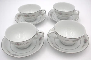 Vtg Set of 4 Noritake Astor Rose 6515 Teacup & Saucer Japan Floral Platinum Trim - Picture 1 of 21