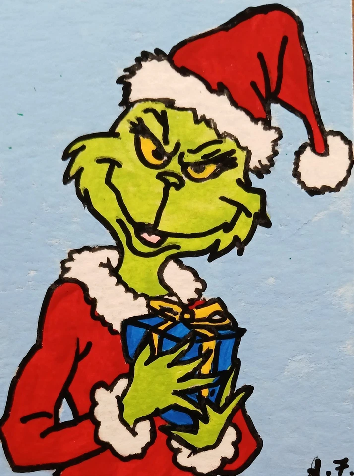 Dr Seuss The Grinch Natal ATC CARTÃO ACEO ORIGINAL PINTADO À MÃO Assinado OOAK - Imagem 1 de 1