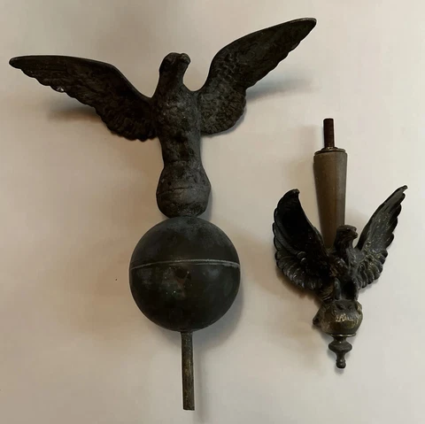 2 Antique Brass Eagle Flag Pole Topper Hollow Ball Wings Spread Screw Bottom Cover