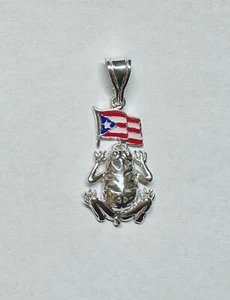Sterling Silver Coqui Frog & Hand Enameled Puerto Rico Flag Pendant - Picture 1 of 4