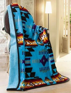 Coperta Stampa Navajo Turchese Lancio Sherpa Sud-Ovest Nativi Americani Indiani - Foto 1 di 4