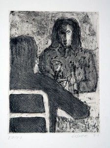 Gerhard Elsner 1930-2017 pareja en la mesa grabado en marrón 1991 conversación vino - Imagen 1 de 24