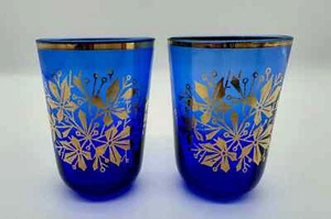 Paar antike kobaltblaue Kristall Kerzenständer Blattgold floral SCHÖNES SET - Bild 1 von 9