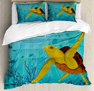 Ocean Duvet Cover Set with Pillow Shams Cute Cartoon Turtle Coral Print - Picture 1 of 8