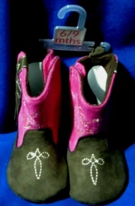 Pink/Brown Soft Baby Girl Boots or Crib Shoes 6-9 Months Guitar on soft sole - Picture 1 of 7