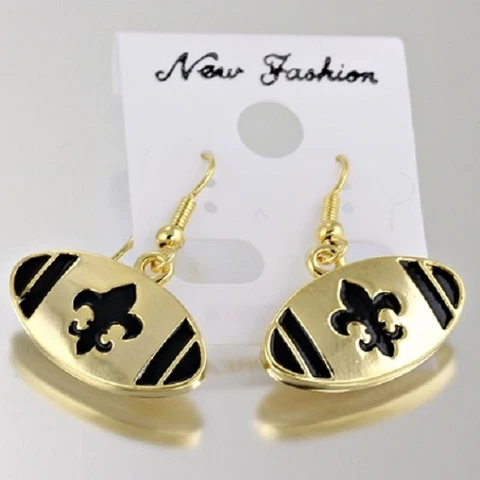 New Orleans Saints Gold-tone With Black Enamel Fleur de lis Football Earrings Cover