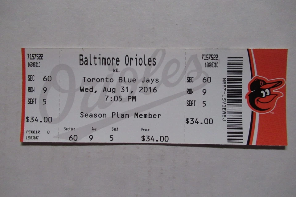 ORIOLES VS BLUE JAYS 8/31/2016 FULL TICKET ~ BAUTISTA/MARTIN/SCHOOP+ HRs - Image 1 of 1