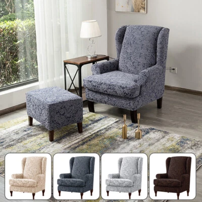 Funda para silla con respaldo de ala 2 piezas Jacquard Damasco Elástica Spandex Wing Chair Cover Foto 1 de 4