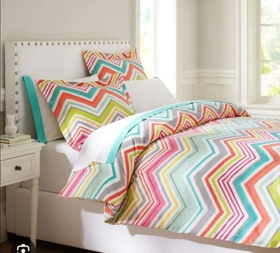 Funda nórdica Pottery Barn Kids Emily rosa verde amarillo a cuadros reina completa NUEVA Foto 1 de 4