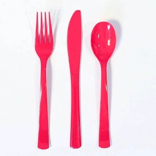 PARTYRAMA Ruby Red Plastic Reusable Assorted Cutlery Set - Pack of 18