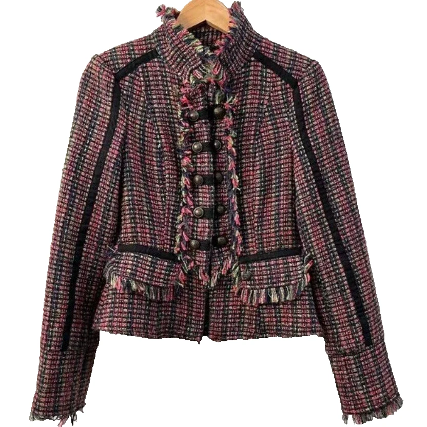 DEPT BV Womens Tweed Multicolor Boucle Blazer Jacket Military Style Navy Pink XS - Image 1 of 4