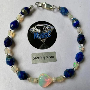 FIRE OPAL AND LAPIS LAZULI 925 STERLING SILVER BRACELET, STAMPED 925 MADE IN UK - Picture 1 of 7