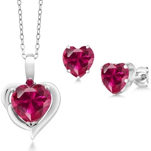 925 Sterling Silver Created Ruby Pendant Necklace Earrings Set For Women (3.64 - Picture 1 of 3
