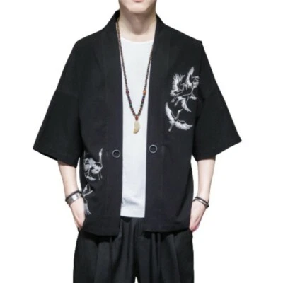 Men's Loose Fit Chinese style Jacket Embroidered Cardigan Kimono Shirt Summer D  - Image 1 of 4