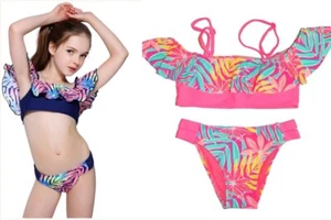NWT GIRLS 6 PURPLE or PINK OFF SHOULDER CUTOUT BIKINI - Picture 1 of 11