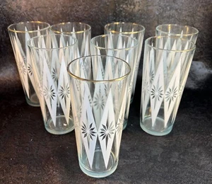 VTG MCM Set of 8 Jeannette Glass White Atomic Starburst Diamond Pub/Pint Glasses - Picture 1 of 5