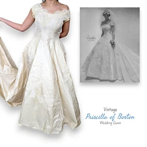 Vintage 1950’s Priscilla of Boston Wedding Gown Silk Button Back US Size 0 - 4 - Picture 1 of 20