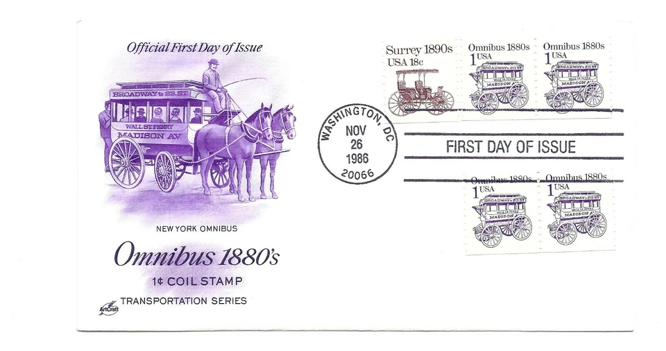 2225 1c Omnibus re-engraved 1880s ArtCraft pair FDC  - Image 1 of 1