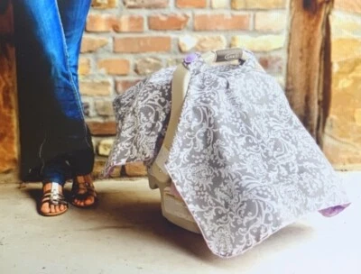 Carseat Canopy |Gray/White/Lavender Cotton Infant Car Seat Belle Canopy Cover - Image 1 of 4