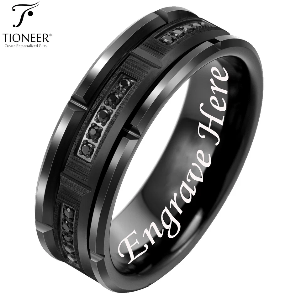 硬质合金黑色砖设计带黑色 CZ 戒指 8 毫米带免费雕刻 — 第 1/4 张图片