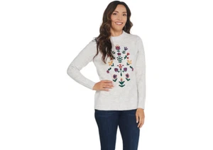 Denim & Co. Crew Neck Long-Sleeve Sweater with Embroidery,Natural,Size X-Small, - Picture 1 of 5