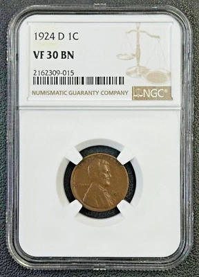 1924 D Wheat Cent in NGC VF 30 Brown,Semi-Key Date, Low Mintage Coin - Image 1 of 4
